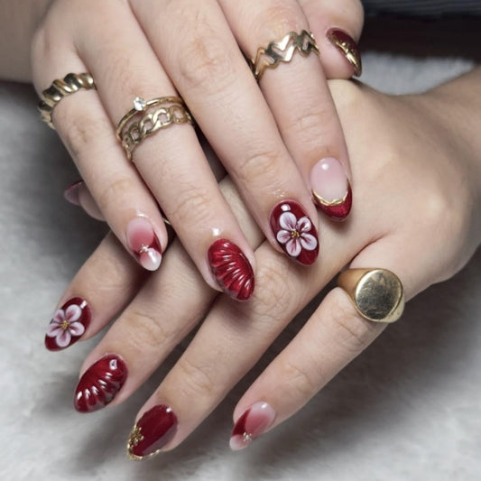 Red Press on Nails Short Almond Fake Nails with 5D Flower Design French Tips Glue on Nail Glossy Ombre Dark Red Nails Press ons Reusable Full Cover Gold Lines Acrylic Nail for Women Manicure 24Pcs