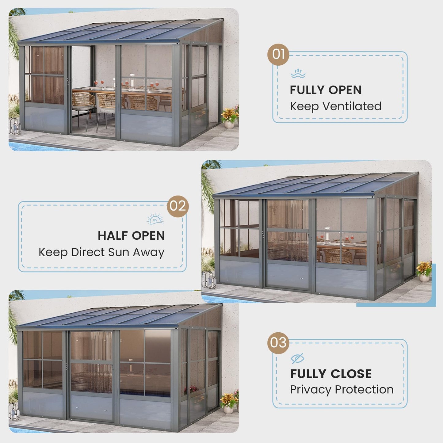 YOLENY 10x12 FT Wall Mounted Sunroom with Polycarbonate Sloping Roof, 3-Side Lockable Entrance & Removable PC Screen, Outdoor Permanent Sun Room Lean to Gazebo for Deck Patio, Grey