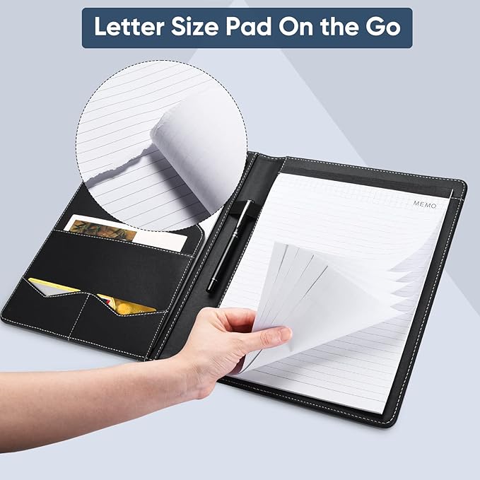 Pacific Mailer Padfolio Portfolio Leather Binder, Interview Legal Document Organizer, Business Card Holder Included Letter Sized Writing Pad [Piano Noir Faux Leather Matte Finish]