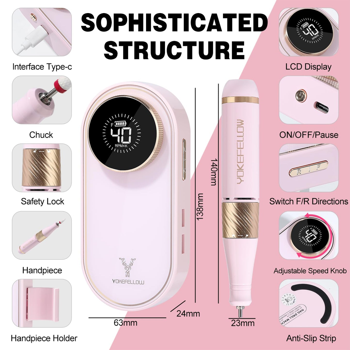YOKE FELLOW Nail Drill Machine - 40000 RPM Electric Nail File Nail Drills for Acrylic Nails Professional with 12 Drill Bits Manicure Pedicure Polishing Nail Drill for Home Use