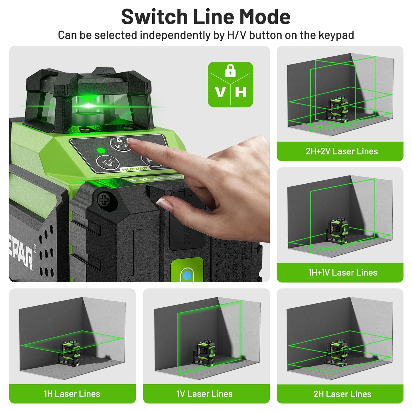 Huepar 4x360 Laser Level Self-leveling 4D Green Beam Cross Line 16 Lines Tiling Floor Laser Tool -2x360 Horizontal/Vertical Laser Lines -rechargeable Li-ion Battery & Integrated Magnetic Bracket 704CG