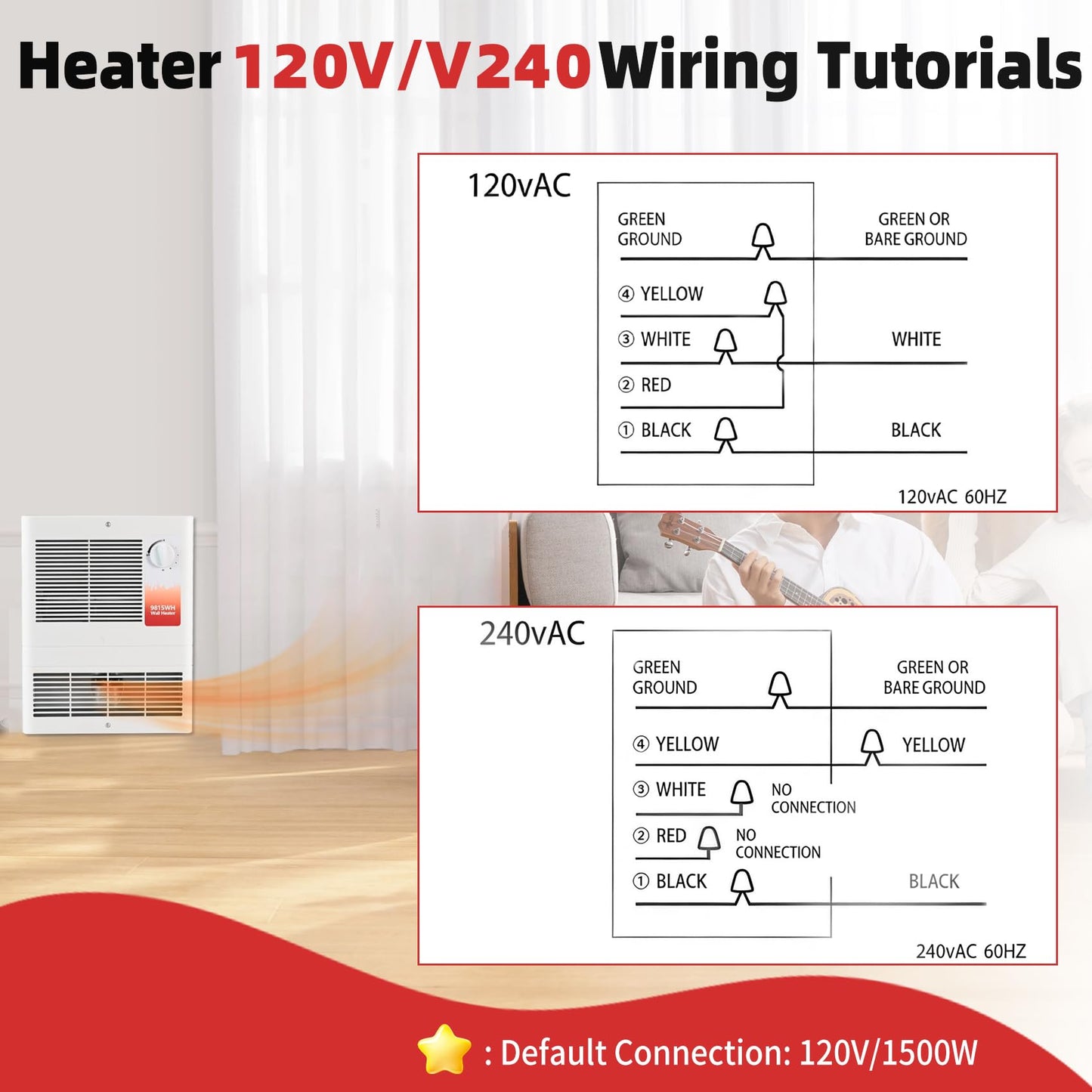 9815WH Large Capacity Electric Wall Heater, High Capacity Wall Heater with Built-In Adjustable Thermostat and Silent Motor, 1500 W, 120/240 V, Overheat Protection