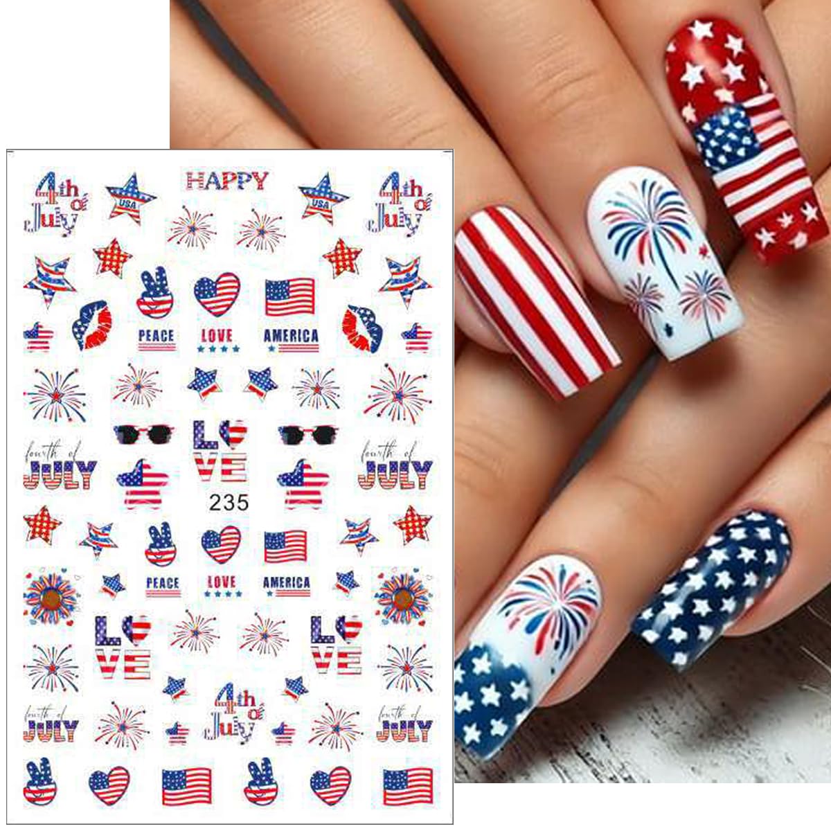 6Pcs/Celebrate 4th of July Nail Stickers for Nail Art Set - Independence Day Fireworks USA America UK Flags Adhesive Nail Art Sticker Decals DIY Patriotic Manicure Sliders Decorations Supplies
