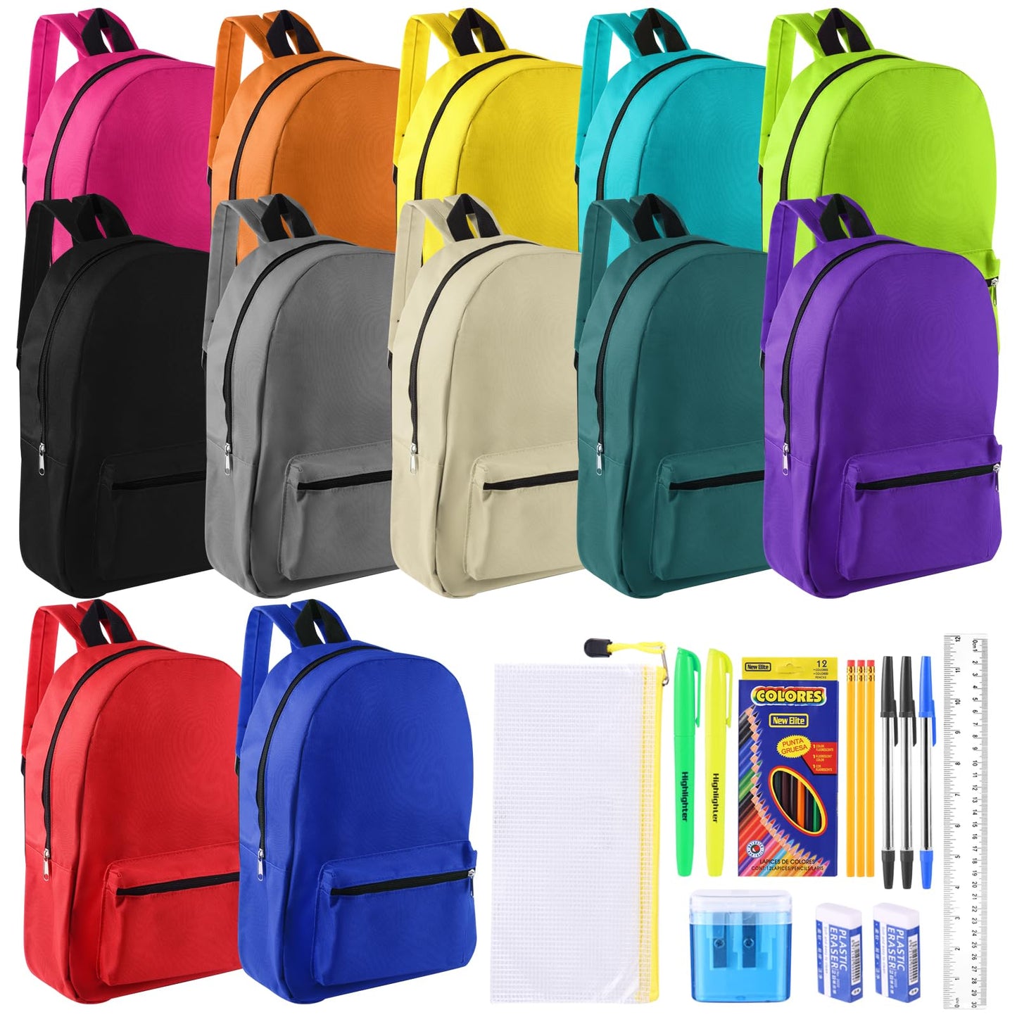 Quuhooki 12 Set Bulk Backpacks with School Supply Kit 17 Inch Book Bags in Bulk and Back to School Supplies Stationery Kit for Kids Boy