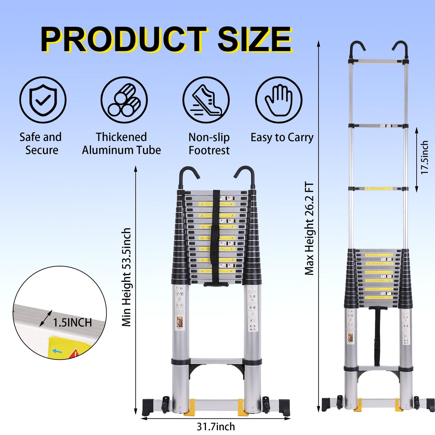 Dajianglx 26.2 FT Telescoping Ladder, Lightweight Multi-Purpose Aluminum Extension Ladder w/Tool Tray Stabilizer and Non-Slip Feet, Telescopic Extendable Ladder for Home, RV, Roof and Outdoor Work