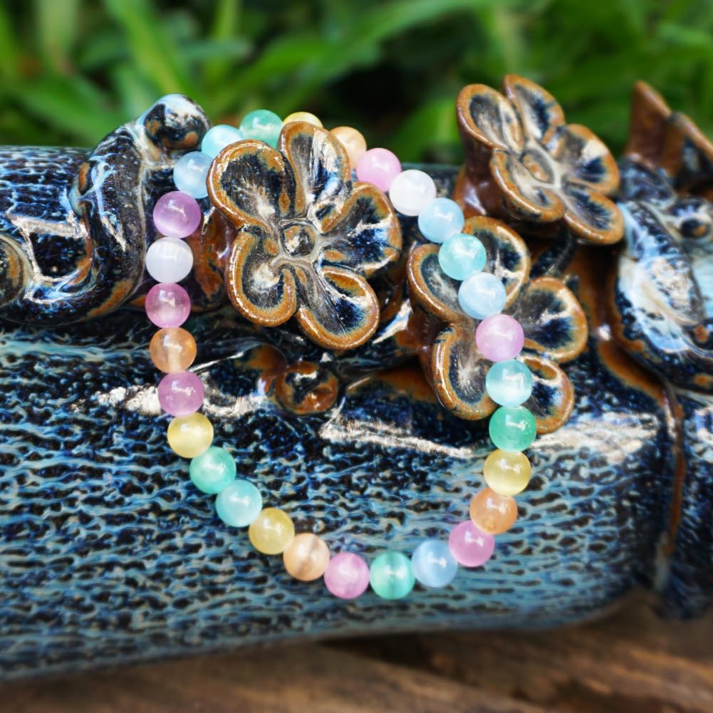6mm Rainbow Selenite Bracelet - Iridescent Natural Crystal | Handmade Meditation Bracelet with Cat-Eye Effect | Come with Beading Tool Kit - Adjustable to 6.5-7.5 inches Wrist Size