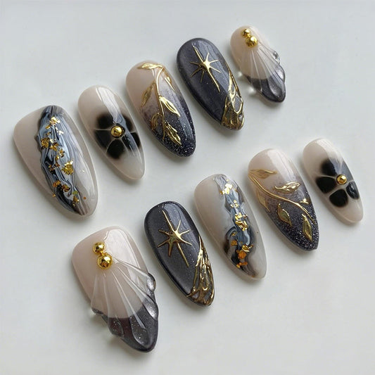 Marble Texture Gold Foil Press on Nails Medium Almond Fake Nails 3D Golden Leaf Star False Nails Cute Flower Acrylic Nails French Tip Glue on Nails Glitter Full Cover Stick on Nails for Women 30Pcs