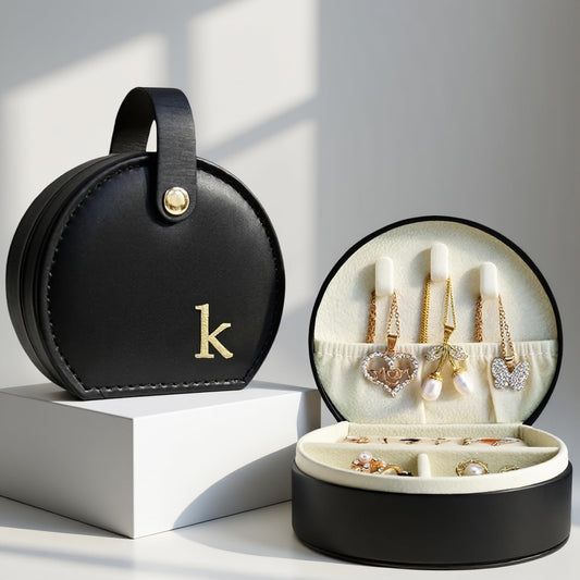 COLLECTIVE HOME - Travel Jewelry Case, Elegant Half-Moon Design with Gold Monogram, Detachable Handle, Personalized Accessory Organizer, Gift for Fashion-Forward Women and Teens, Black (k)