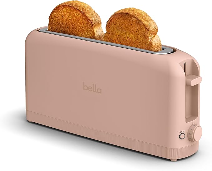 bella 2 Slice Slim Toaster, Fits-anywhereâ¢ Kitchenware, 6 Setting Shade Control with Reheat & Cancel Buttons, Fits sourdough, 10â Long Slot, Anti Jam & Auto Shutoff, 900 Watt, Blossom
