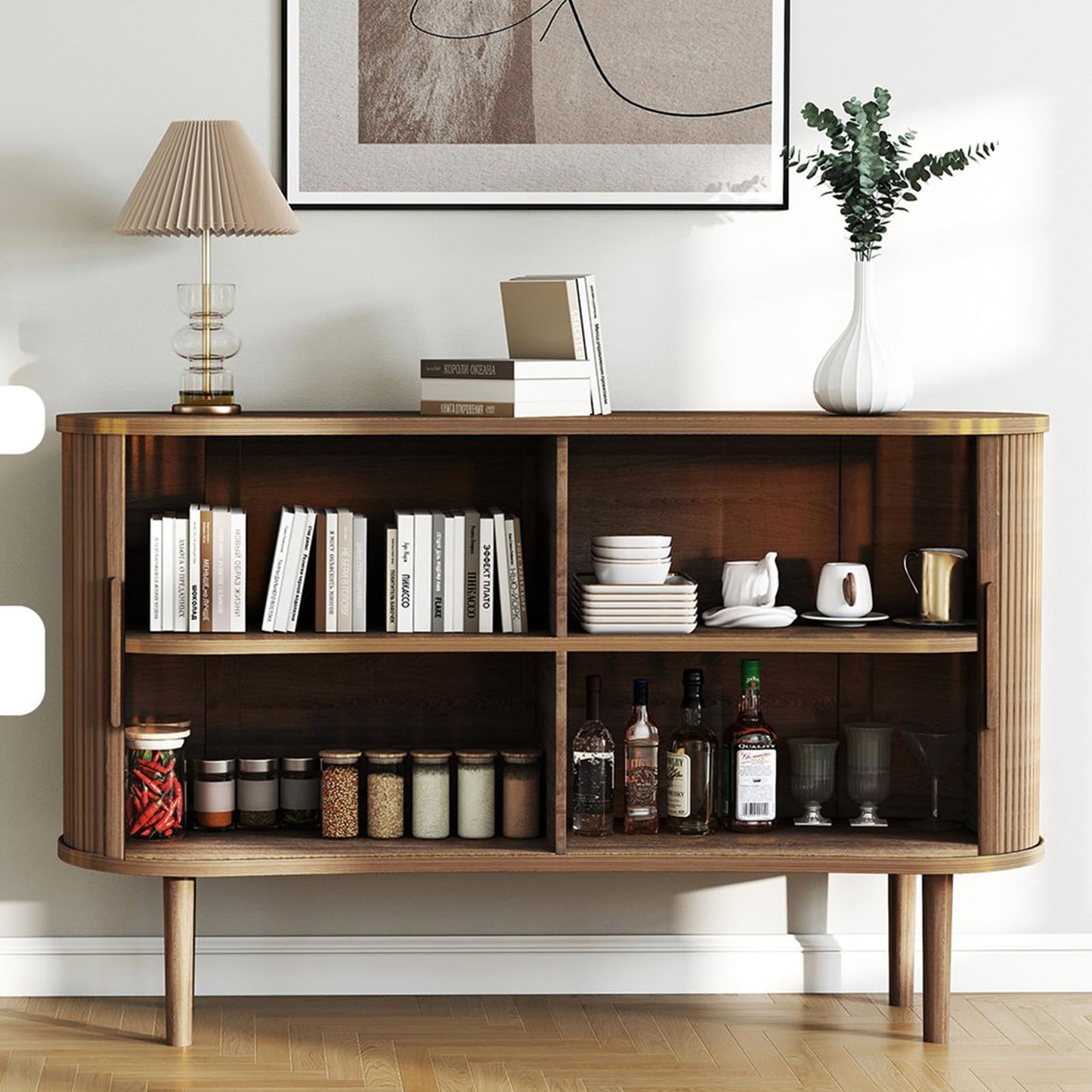 AraSyleon Mid-Century Modern Sideboard Buffet Cabinet, 55" Storage Cabinet with 4 cabinets, Decorative Fluted Sliding Doors for Bedroom Dining Room Small Space, Walnut Finish, Walnut