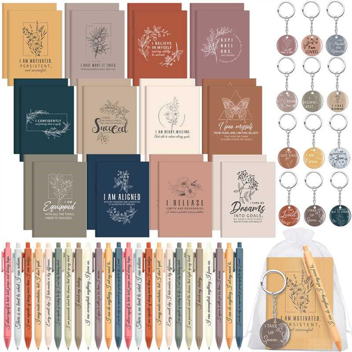 Mooliwe 108 Pcs/36 Set Positive Affirmation Gift Set Gratitude Notebooks with Pens Acrylic Keychains Small Bags Motivational Notepads for Women Coworkers Christmas Adults Party Favors (Vibrant)