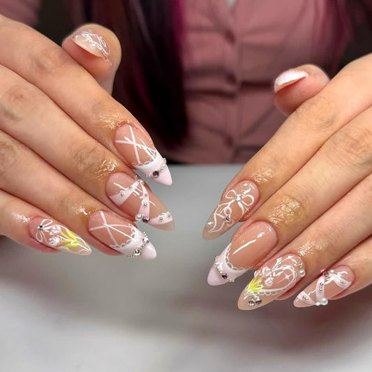 24Pcs French Tip Press on Nails Almond Fake Nails Pink Glossy Bow Designs Full Cover Nude Glue on Nails French Nails Press ons Cute Bow Stick on Nails for Women Medium Manicure Daily Wear