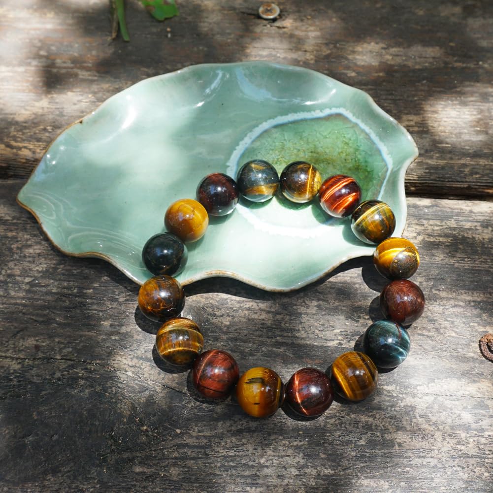 TaHLga Mixed Tigers Eye Mens Bracelet 14MM | Mixed Red Gold Blue | Fits for About 8" XLarge Wrist | Natural Solar Plexus Chakra Gemstones | Bring Luck Wealth Courage | Protection from Evil | Gift