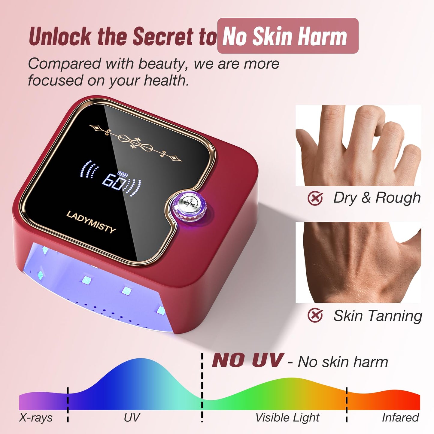 LadyMisty 268W Low Heat UV Nail Lamp Cordless, Fast Curing Rechargeable LED Nail Lamp with LCD Display & Knob, No Burn Professional Nail Dryer for Gel Polish Home Salon Gifts for Women