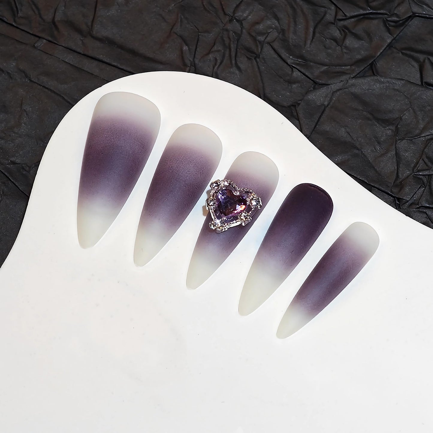 BABALAL Black Purple Ombre Press On Nails, Extra Long Stiletto Gothic Fake Nails with Silver Heart Charm, Matte Acrylic Full Cover Stick On Nails 24Pcs