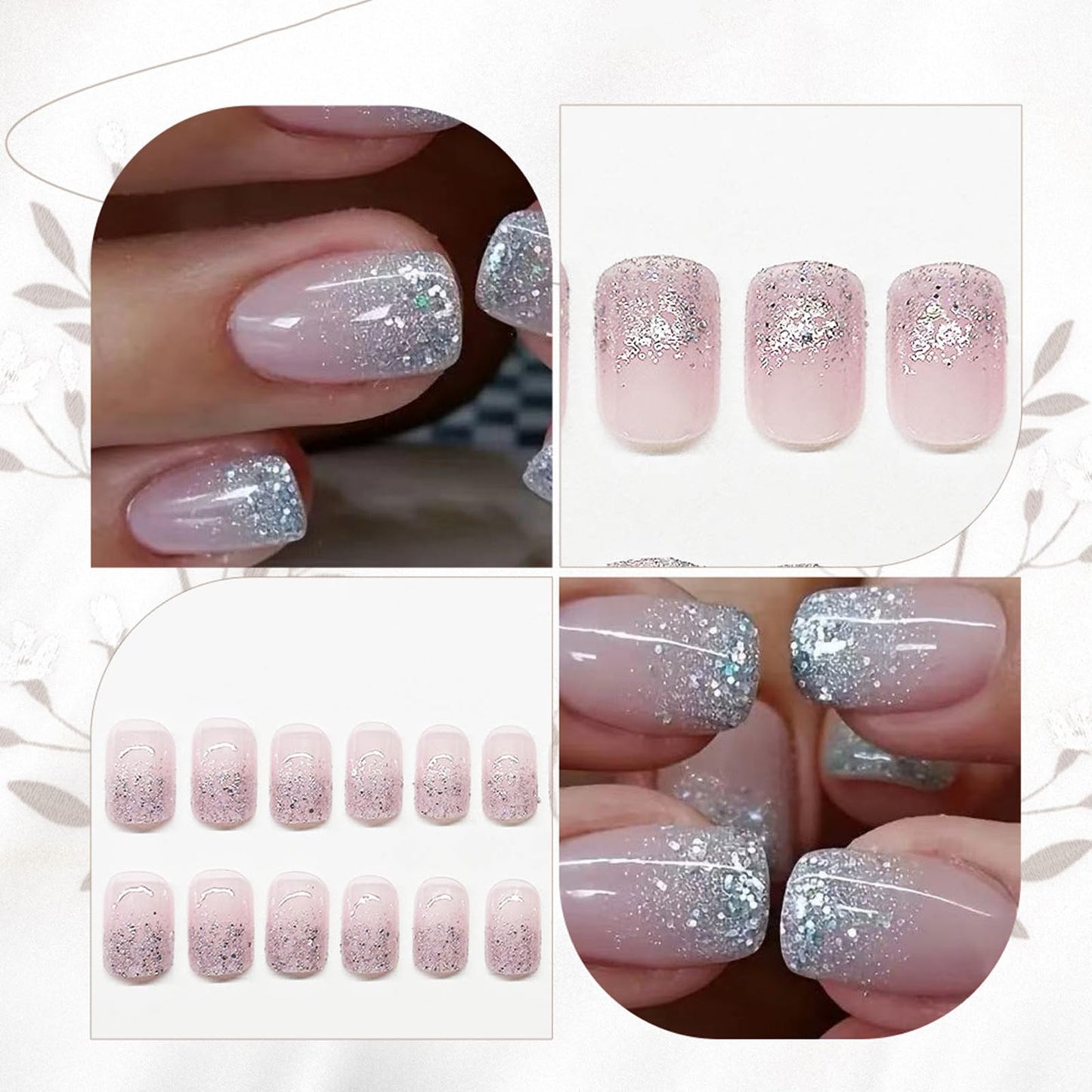 Glitter French Tips Press on Nails Short Square Silver Glitter Designs Full Cover Glossy Reusable Acrylic Stick on Fake Nails for Women Girls Daily Wear Nails Decoration 24Pcs