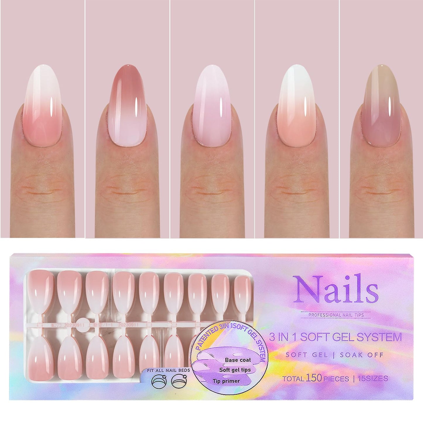 150Pcs Ombre Press on Nails Medium Almond Fake Nails Nude Pink Gradient Acrylic Nails Nature Gel Glue on Nails Ombre False Nail Tips Stick on Nail Manicure Kit for Women Girls 15 Sizes