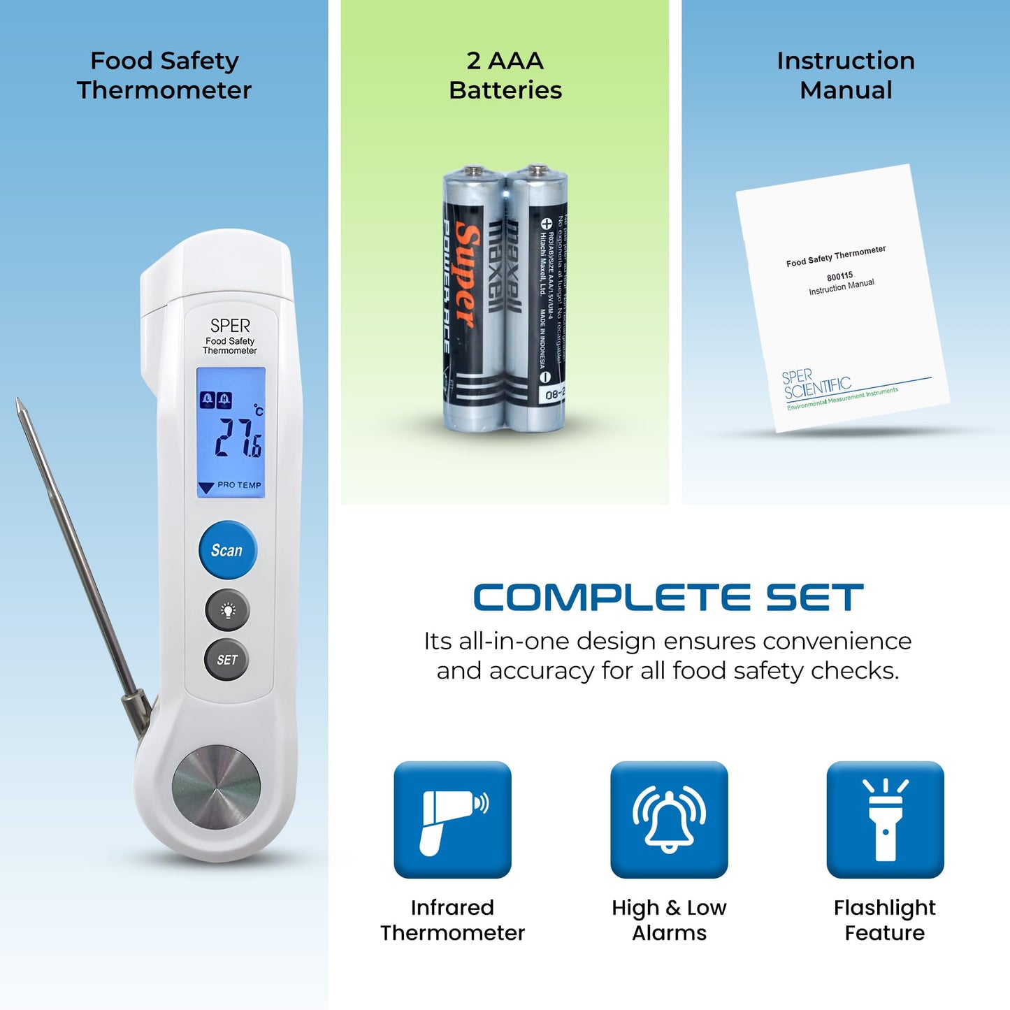 Sper Scientific Dual Function Infrared & Probe Food Safety Thermometer 800115 - Non-Contact Infrared Surface Temperature & Foldable Probe for Internal Temps, Fast & Accurate for Kitchens & more - 2 pc