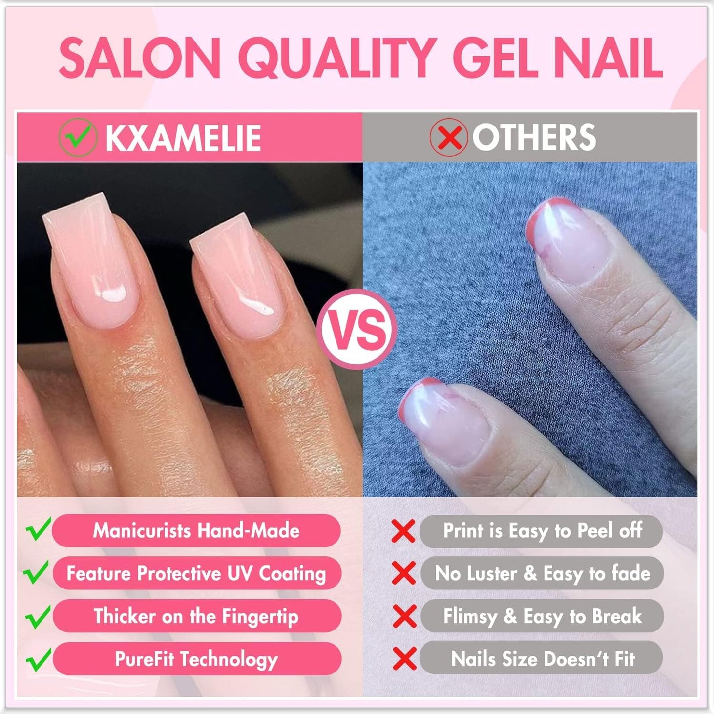 Hot Pink Press On Nails Short Square, KXAMELIE Natural Gel Nails Glue on Acrylic Nails Press ons Featured Protective Coat Thick Reusable Fake Nails Solid Color 24 Short Coffin Artificial Nails