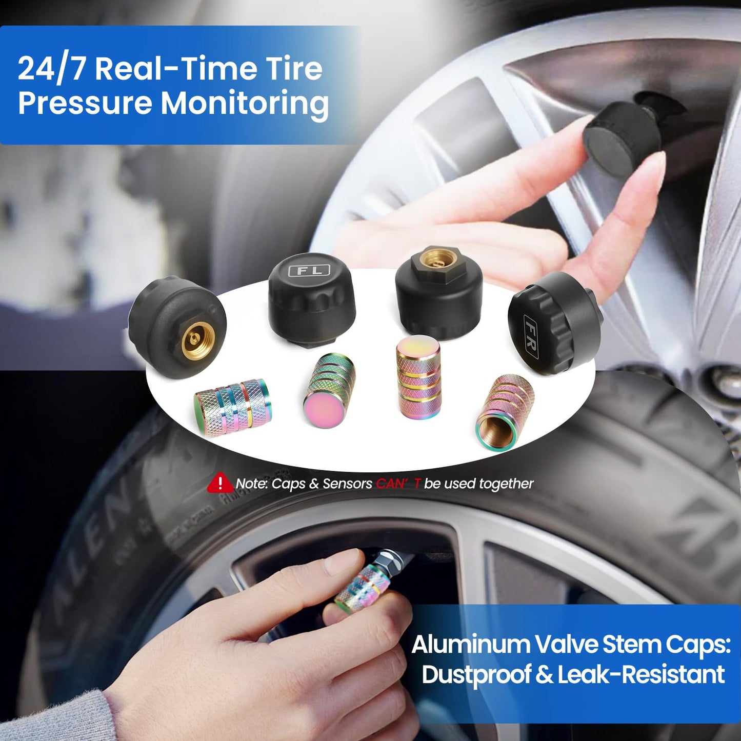 RV Tire Pressure Monitoring Systems with 4-inch LCD Screen, Wireless TPMS w/ 4 Sensors & 6 Alarm Modes, 0-144 PSI ±1.5PSI, Solar/USB Charging, for RV Trailer Truck - with 4 Tire Valve Stem Caps