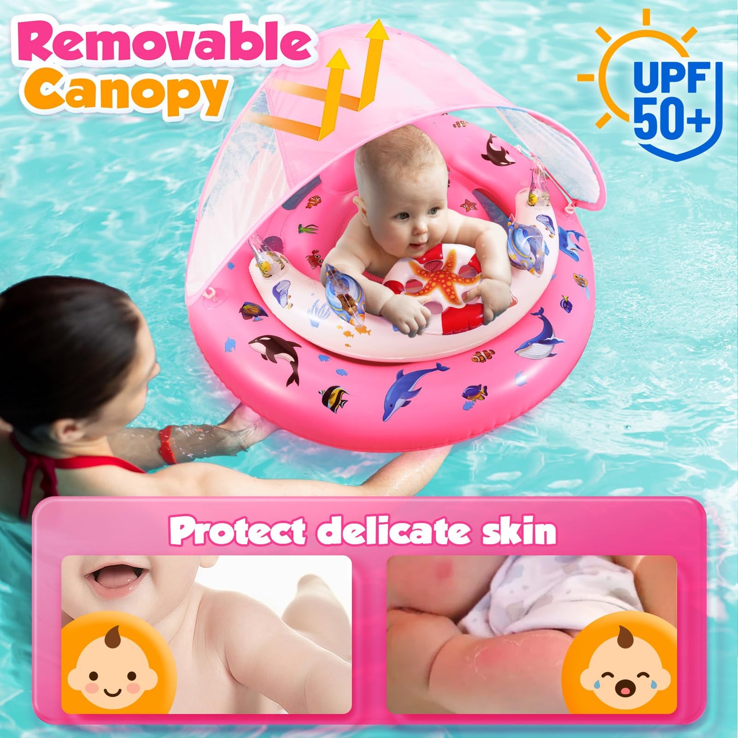 Baby Pool Float with Canopy UPF50+ Sun Protection, Inflatable Kids Pool Floats with Toy Play Console for Baby 6-36 Months, Infant Swimming Float with Adjustable Safety Seat for Boys Girls