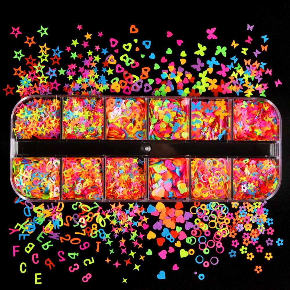 1 Box Holographic Heart Star Nail Glitter Butterfly Flower Nail Sequins 3D Letter Alphabet Nail Flakes Sparkly Powder Flakes Shiny Nail Glitter Figure Nail Sequins Glitter for Nails Art 12 Grids