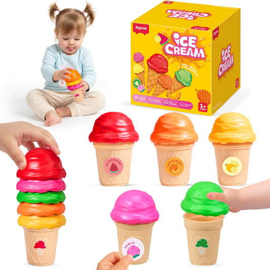JoyCat Ice Cream Toy Set for Toddlers 1-5, Color Sorting & Stacking Toys, Pretend Play Food for Boy Girls Kids, Educational Fine Motor Skills Gift (5 Cones 5 Scoops)