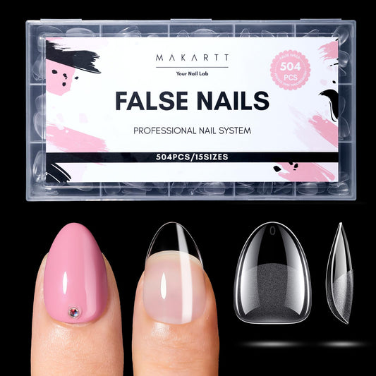 Makartt Extra Short Almond Nail Tips: 504PCS Pre Etched Clear False Nails Tips Almond Shapes, 15 Sizes Full Cover Half Matte Soft Acrylic Press On Nail Extensions Supplies Salon and DIY at Home