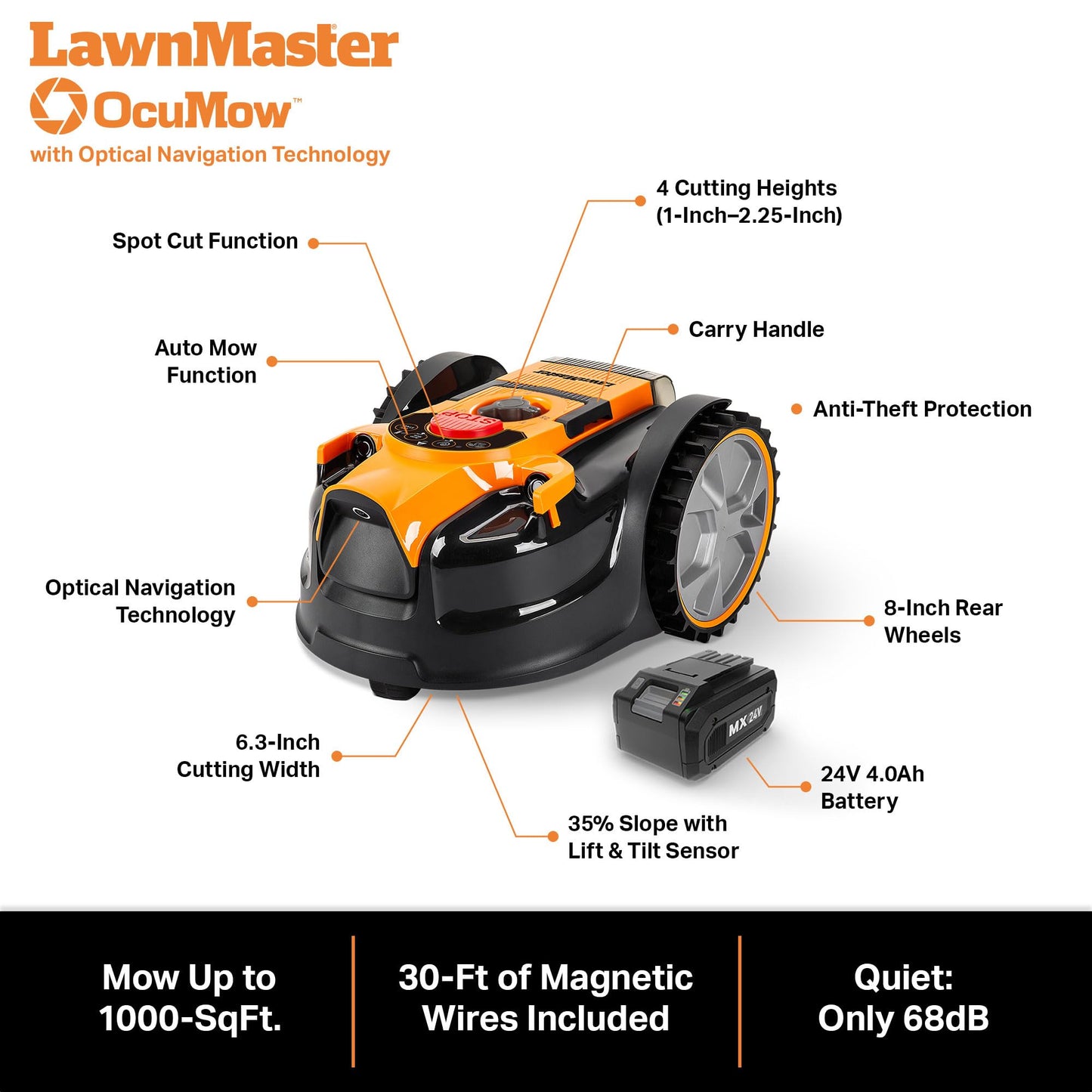 LawnMaster OcuMow™ Perimeter Wire Free Robot Lawn Mower Cuts Small Lawns 1000-2000 Square Feet with Optical Navigation, Obstacle Avoidance, Low Noise and No Go Function