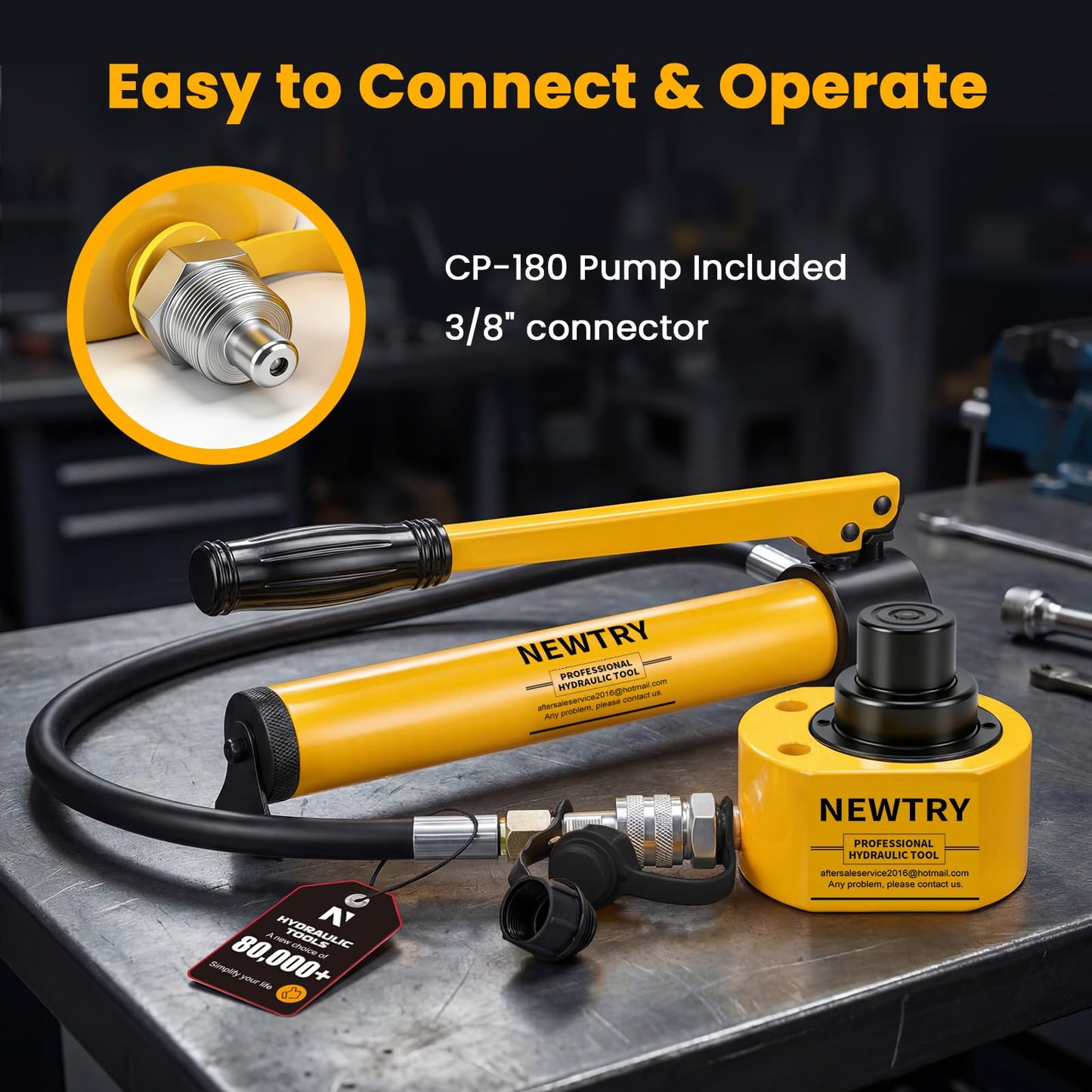 NEWTRY 10T Low Profile Hydraulic Jack Porta Power Kit + CP-180 Manual Hydraulic Hand Pump Multi Section Jack, 1” Stroke Industrial Mini Hydraulic Cylinder