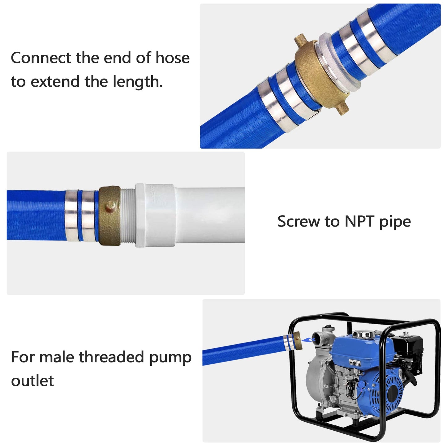 DAVCO 1" ID x 100 ft Pool Backwash Hose, Heavy Duty Reinforced Blue PVC Lay Flat Water Discharge Pump Hoses For Swimming Drain Pools and Clean Filters, With Aluminum Pin Lug Fittings
