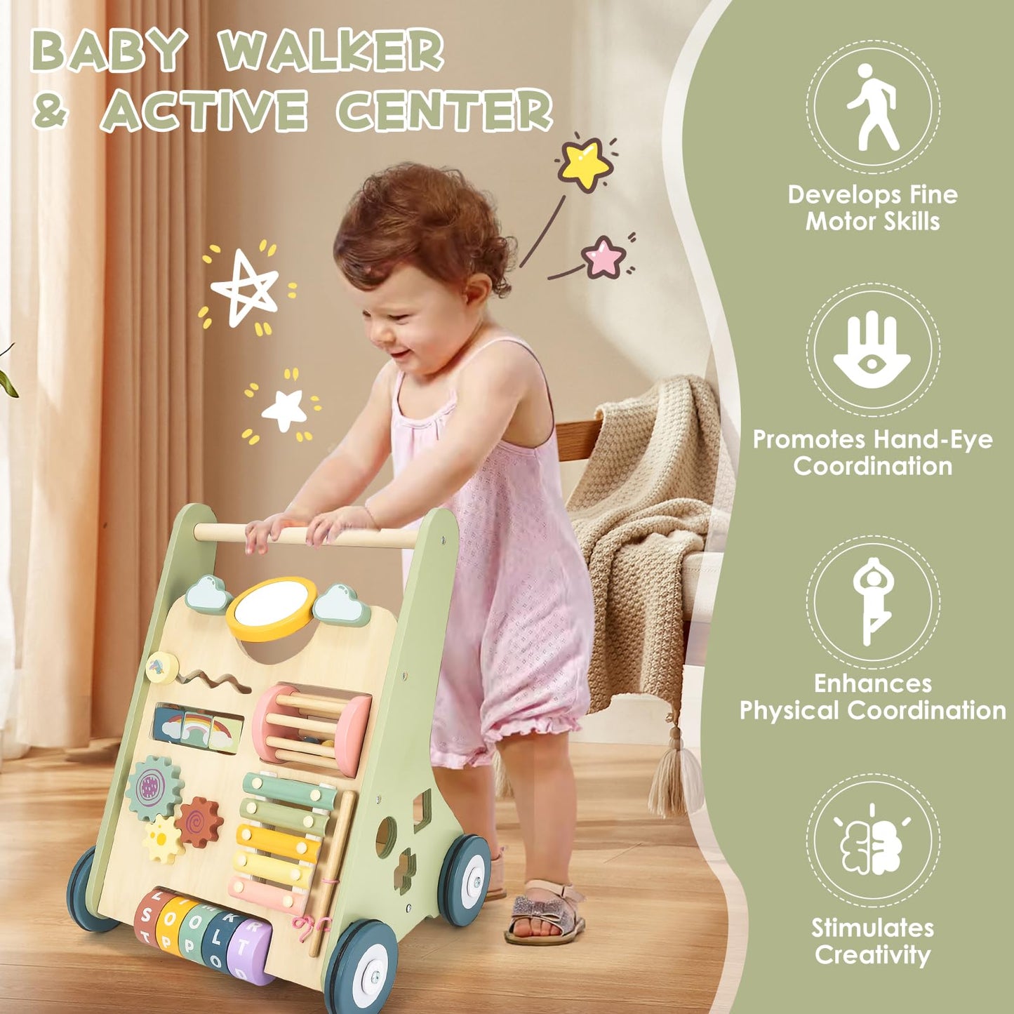 Baby Push Walker, Wooden Baby Walker with Wheels, Montessori Walker for Babies 6-12 Months, Adjustable Speed Push Walking Toys for Boys & Girls 1 Year Old, Christmas Birthday Gifts for Toddler