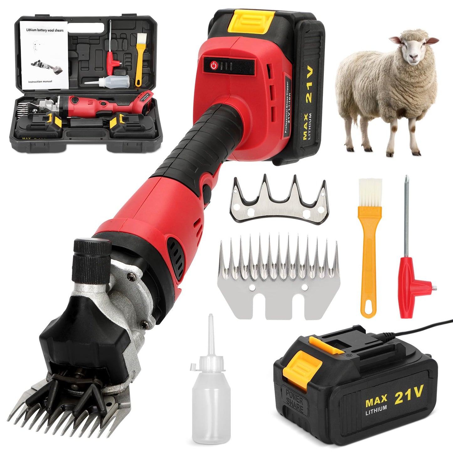Mokemok Cordless Electric Sheep Shears - 3000mAh Brushless Motor 2000RPM, 6-Speed Adjustable Clippers for Goats, Heavy Duty Rechargeable Grooming Tool with High Hardness Blade & Safety Pressing Claw