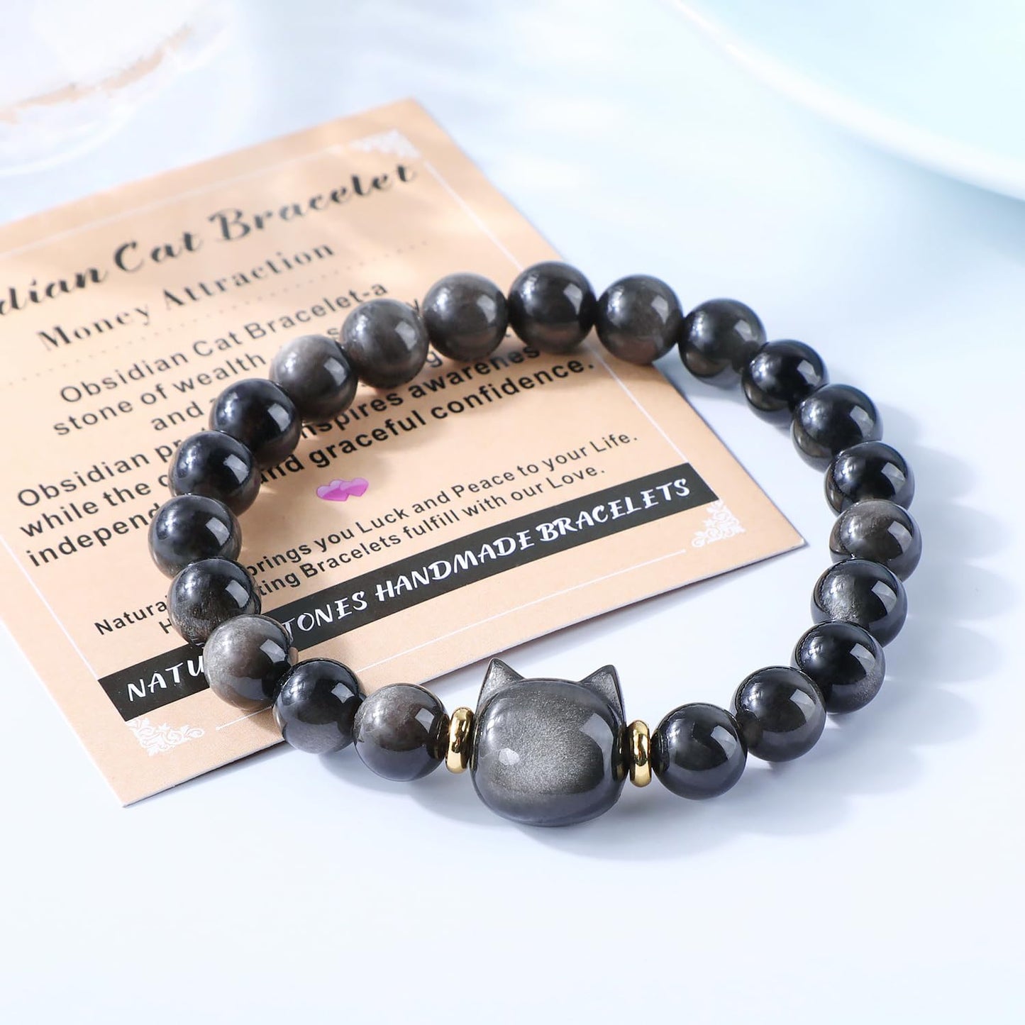 AD Beads 6mm Handmade Obsidian Cat Bracelet Elastic Bracelet – Natural Gemstone for Money Attraction – Meditation, Yoga, Healing and Energy Gift for Men Women