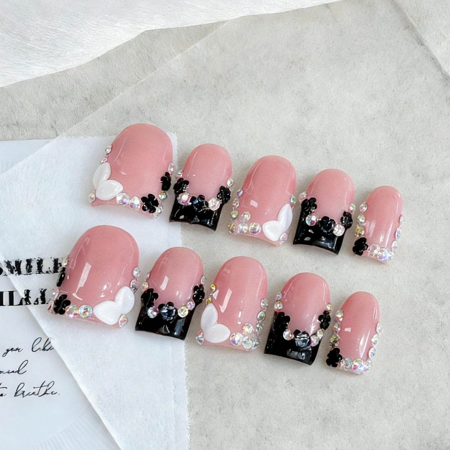 10 Pcs Handmade Press on Nails Short Square Fake Nails with 3D Flower Rhinestones Charms Design Black French Tip Pink False Nails Acrylic M Size Press Ons Nails Square for Women
