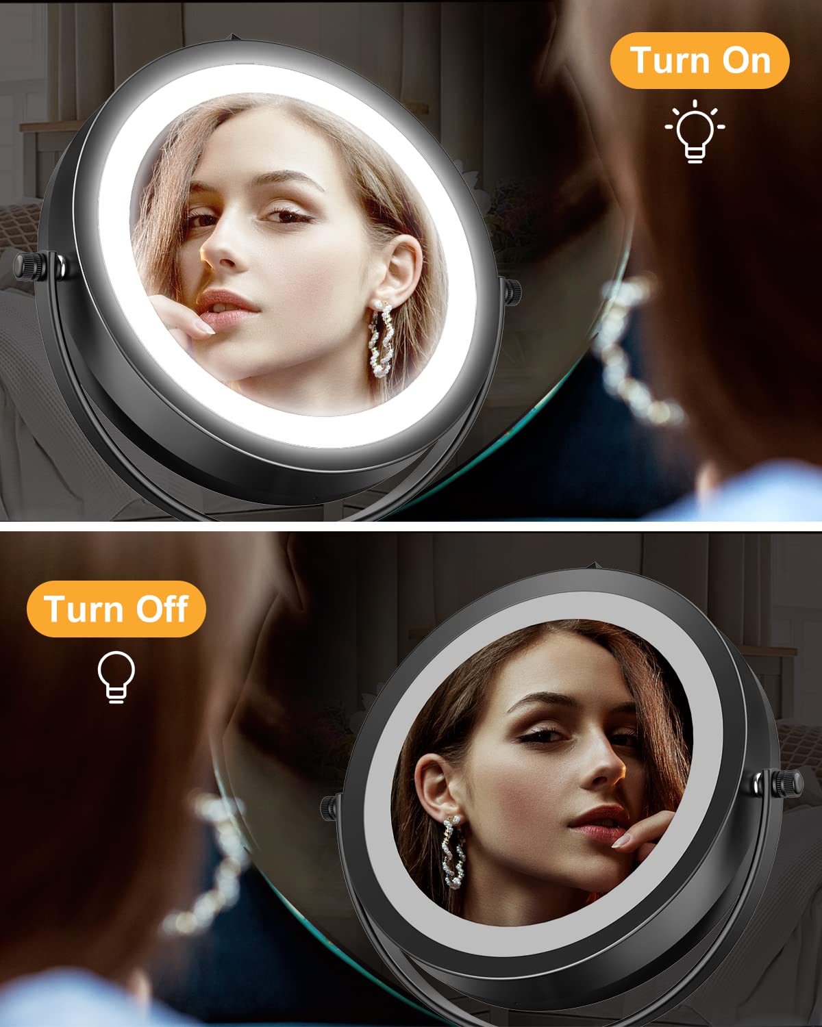 Gospire 7" Lighted Makeup Mirror with Magnification 10X/1X Double Sided, Round Magnifying LED Vanity Standing Cosmetic Shaving Mirror with Battery Operated, Cordless Portable for Bathroom Bedroom