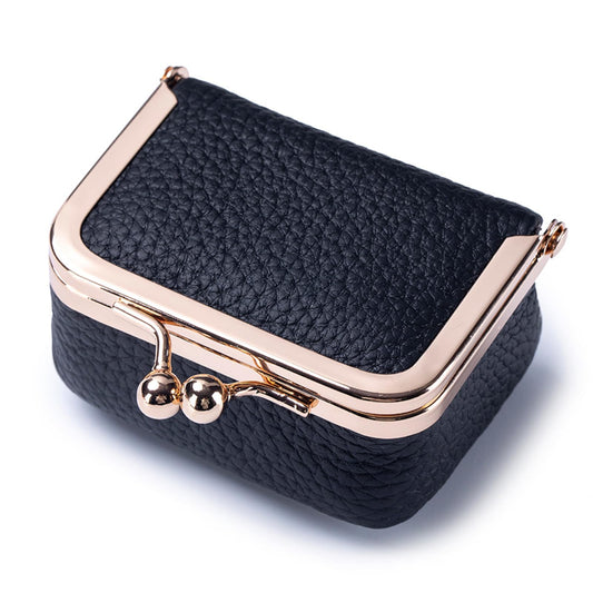 Genuine Leather Mini Jewelry Box - Vintage-Inspired Travel Jewelry Organizer with Kiss Lock, Compact Ring Box for Women, Perfect for Earrings, Rings, Necklaces, Bracelets (B Black)