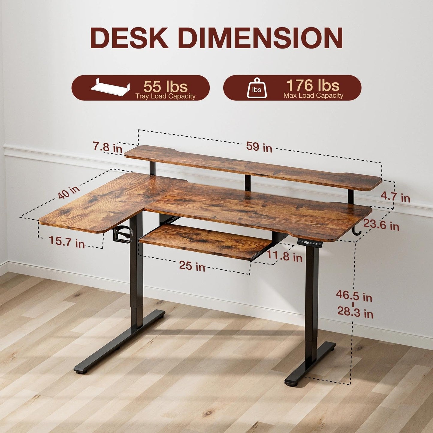 Acrolix 59 Inch L Shaped Standing Desk with Shelves and Keyboard, Electric Corner Standing Desk Adjustable Height, Sit Stand Computer Table with Reversiable Splice Board，Rustic Brown