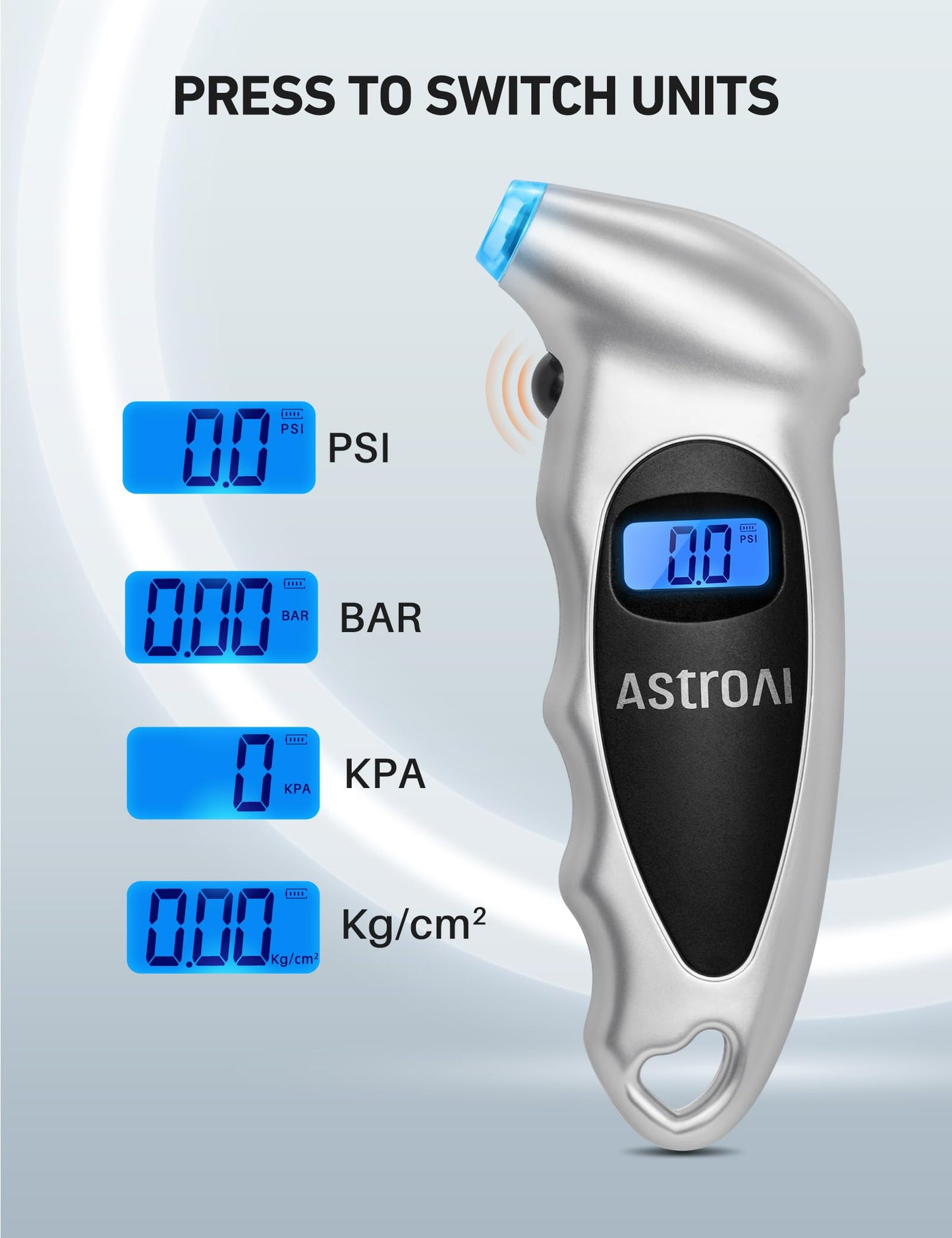 AstroAI Digital Tire Pressure Gauge 150 PSI 4 Settings for Car Truck Bicycle with Backlight LCD and Non-Skid Grip Car Accessories, Silver