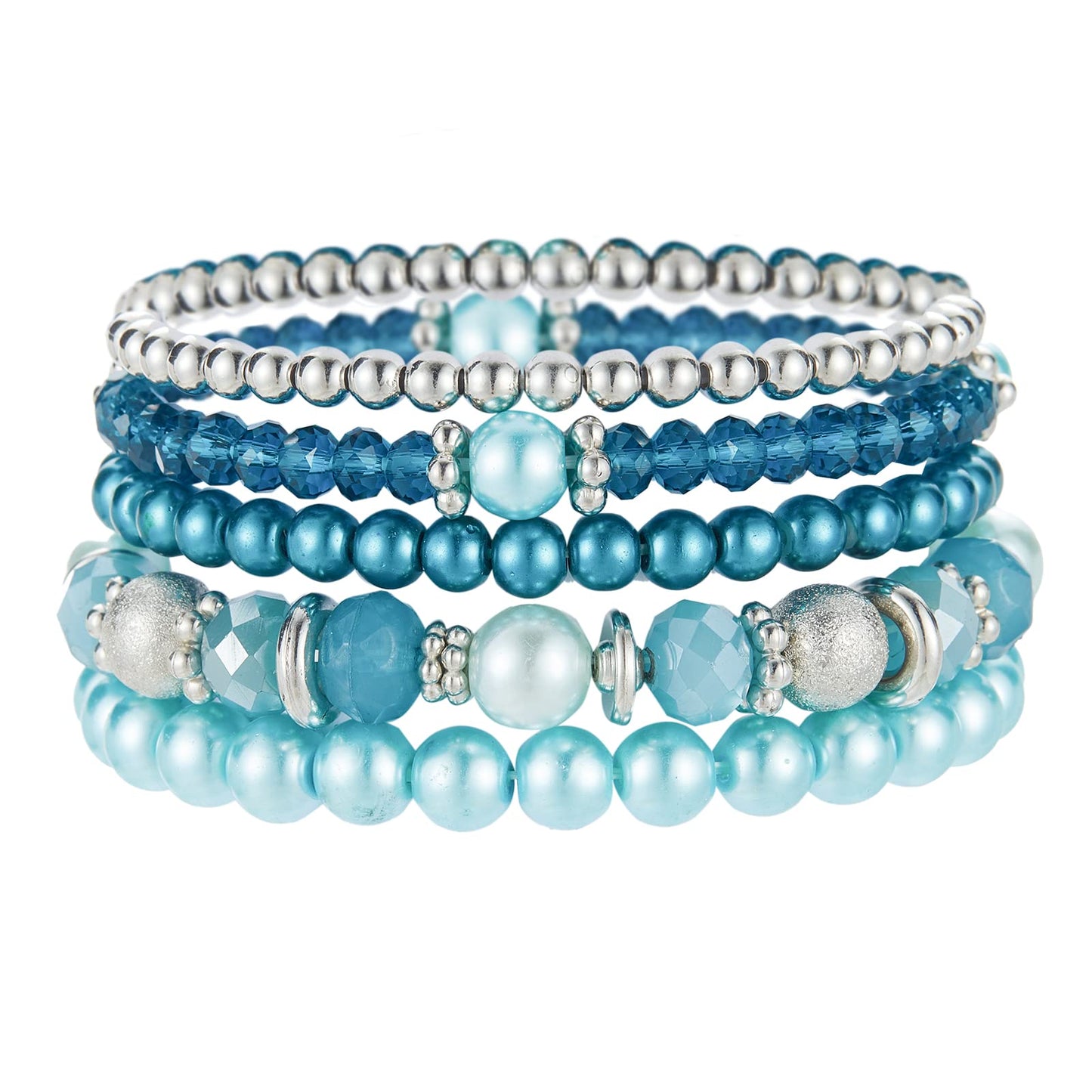 Noessla Beaded Pearl Stretch Bracelet Silver Stackable Crystal Beads Bracelets Trendy Costume Jewelry Mothers Day Gifts for Women(Turquoise)