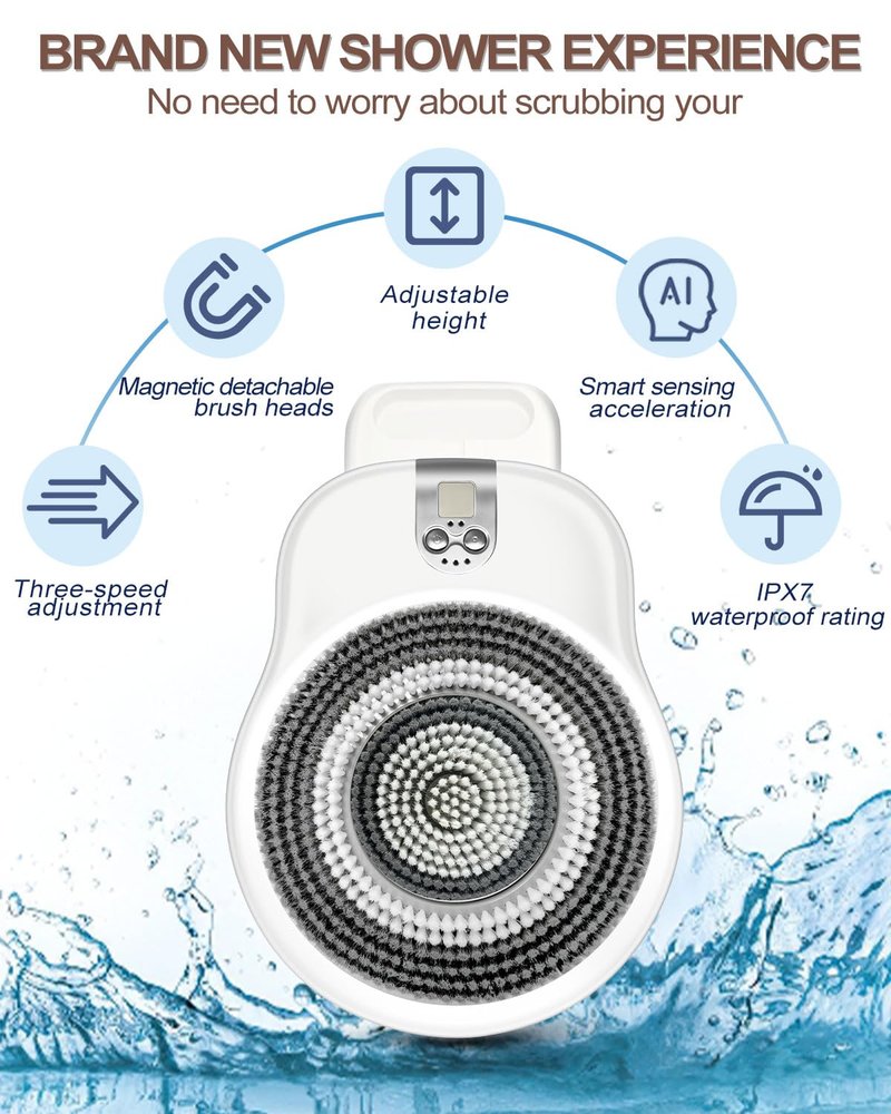 Electric Shower Brush for Body -Wall Mounted Back Scrubber for Shower – Exfoliating Soft Bristles, Hands-Free Wall-Mounted Design, Back Scrubber for Shower, Perfect for Men and Women, Easy to Install