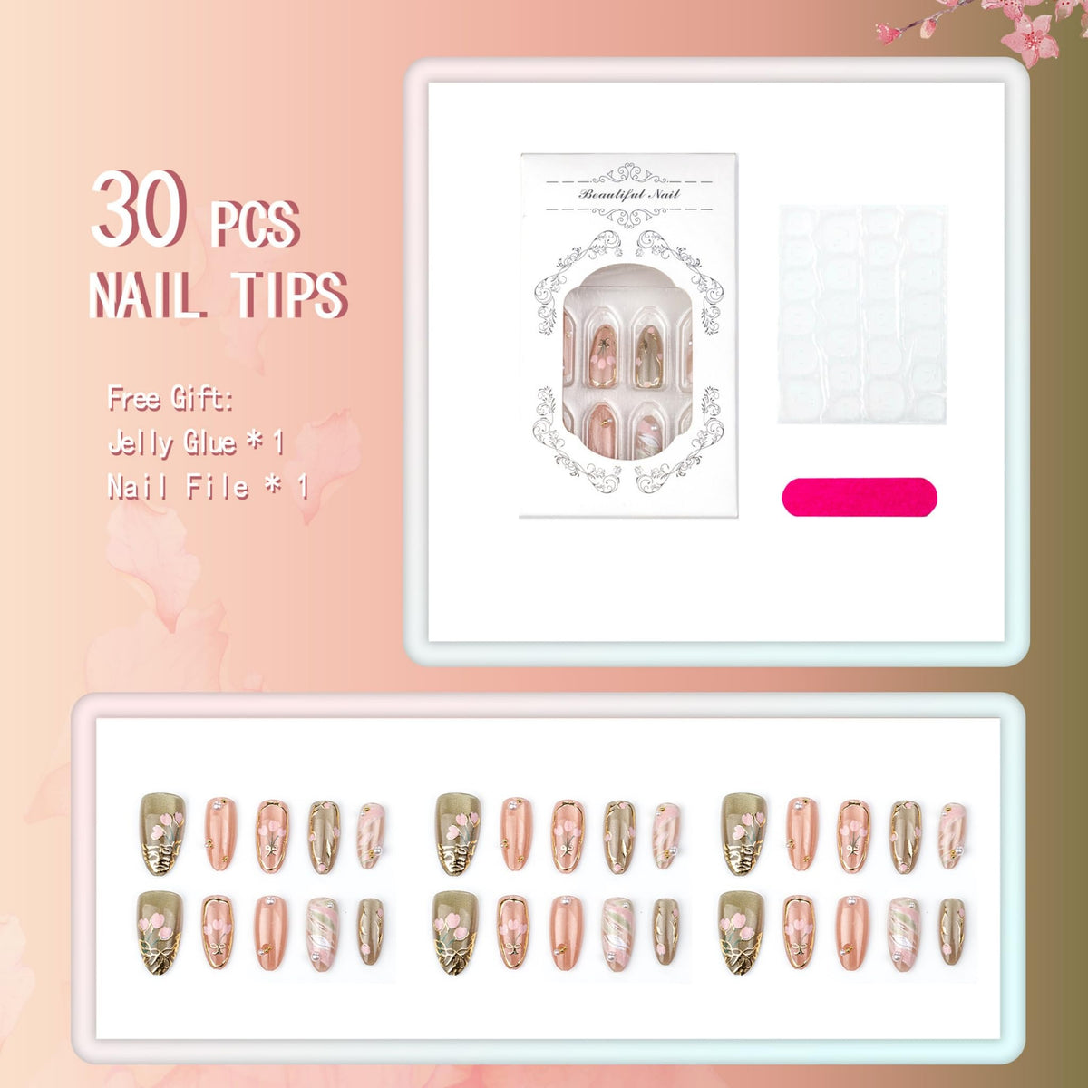 Medium Press on Nails Almond Fake Nails Pink Acrylic Nail Press Ons Seeneey Gold Charm Designs Floral Stick on Nail for Women 27pcs