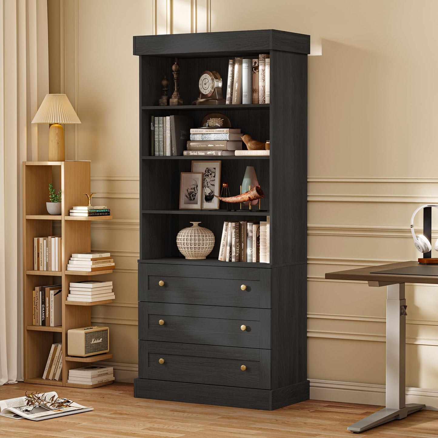 Vyre 71" Tall Farmhouse Kitchen Pantry, Set of 3 Large Storage Cabinets with Glass Doors, Freestanding Wood Hutch Cabinet with 3 Drawers, Adjustable Shelves for Living Room, Dining Room, Black