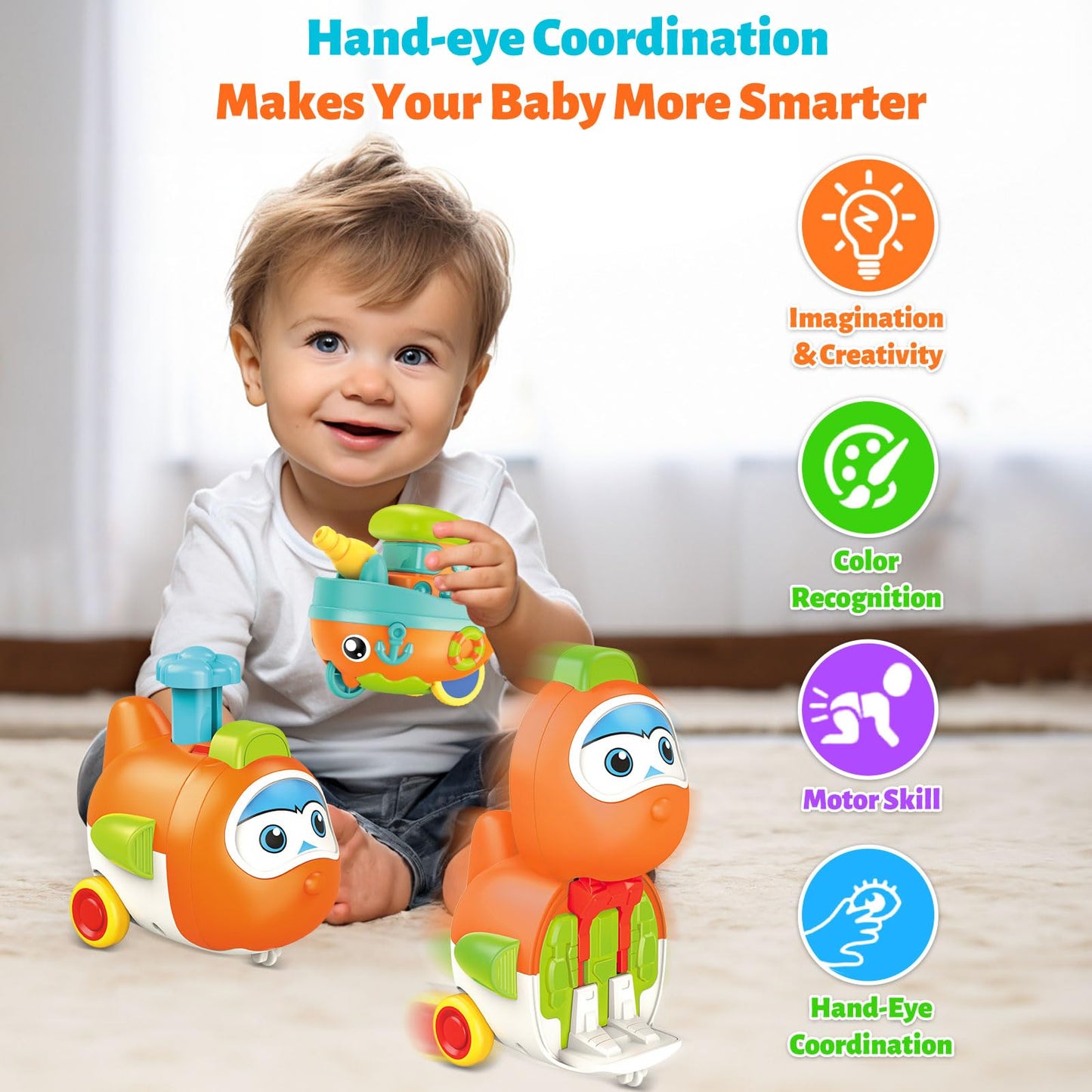 Toddler Toys for 1 Year Old Boy, Press to Go Car Toys for Toddlers 1-3, Learning Baby toy 6-9-12-18 Months Infant Push Go Play Vehicle Set, Baby Girls Boys Christmas First Birthday Gifts for Ages 1-2