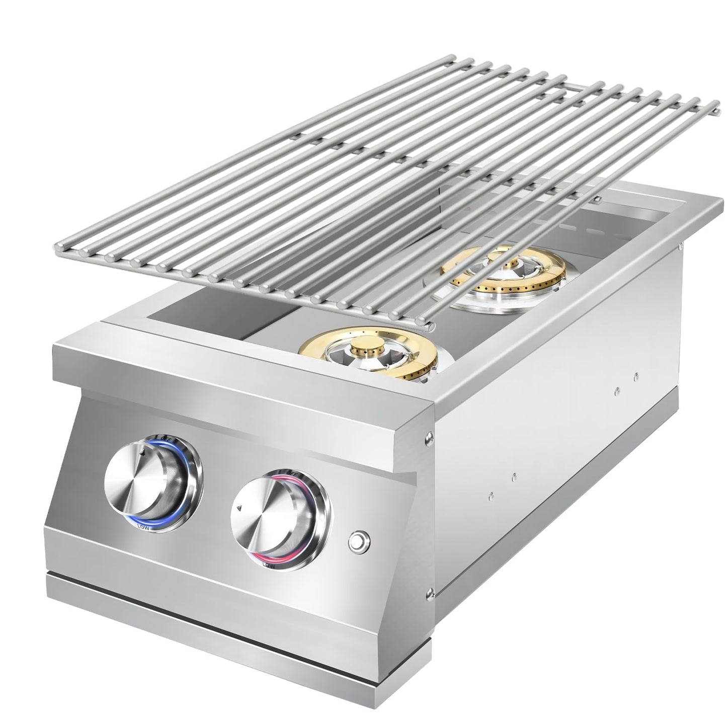 Qualipo Double Grilling Side Burners for Outdoor Kitchen, 2 * 17,000BTU Nature Gas Burners, Convertible to Liquid Propane, Heavy-Duty 304 Stainless Steel, Built-in Side Burner for BBQ Grill Island