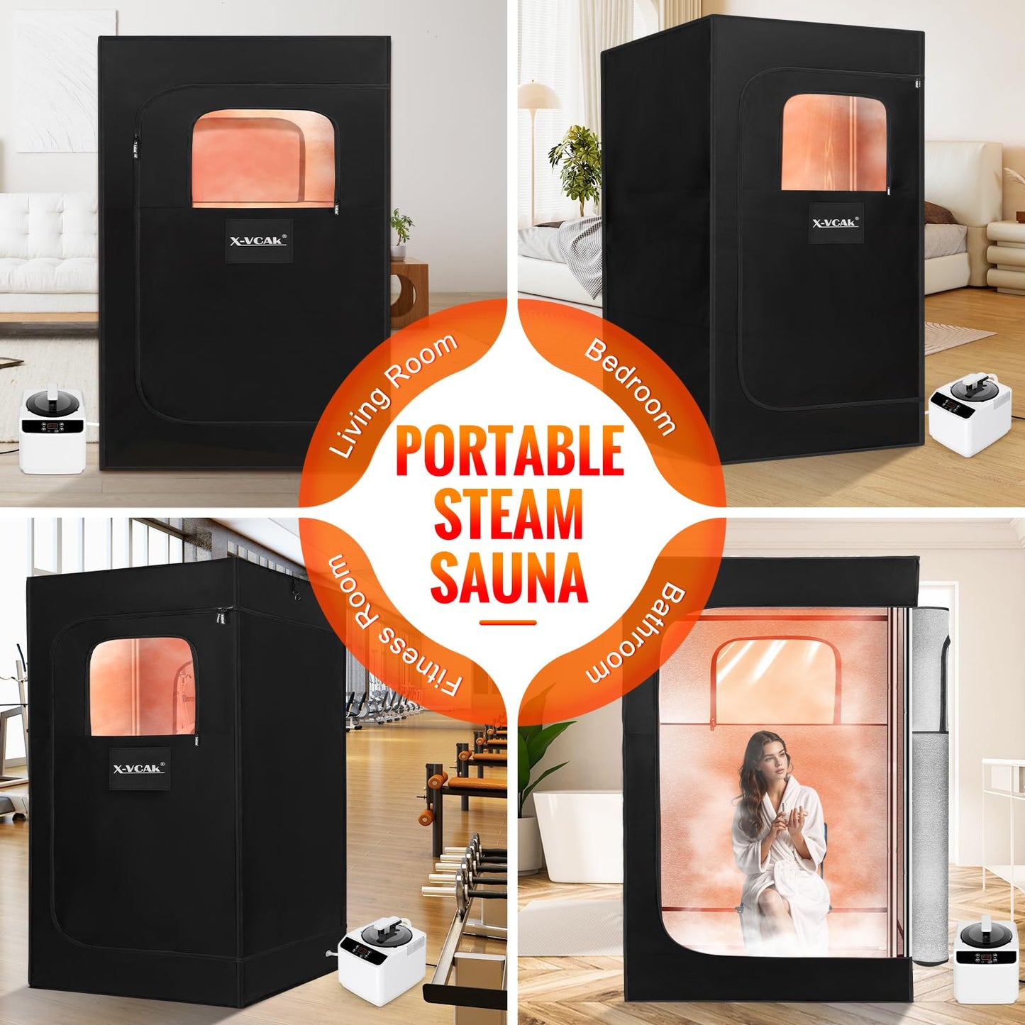 X-Vcak Upgraded Portable Sauna, Steam Sauna for Home with Steamer, Remote Control, Folding Chair, 9 Levels, 2.6’ x 2.6’ x 5.9’