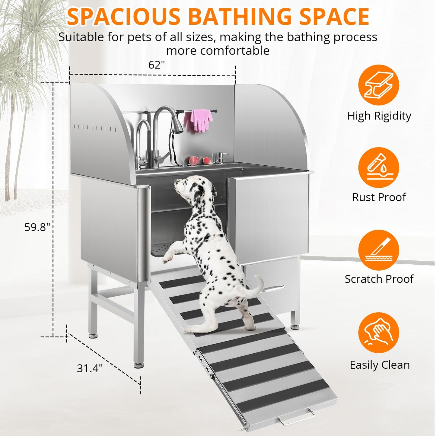 Dog Washing Station, 50 Inch Professional Stainless Steel Dog Bathing Station, Dog Grooming Tub for Large, Medium & Small Dogs, Dog Bathtub with Ramp, Drawer, Floor Grate & Fauct（Left Ramp, 50"）