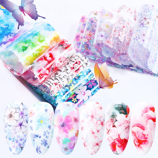 Holographic Nail Foil Transfer Stickers Decals, Colorful Flowers Nail Polish Sheets Sky Starry Paper Transfer Foils Floral Nails Supplies for Nail Transfer Glue Women Manicure Nail Film Decorations