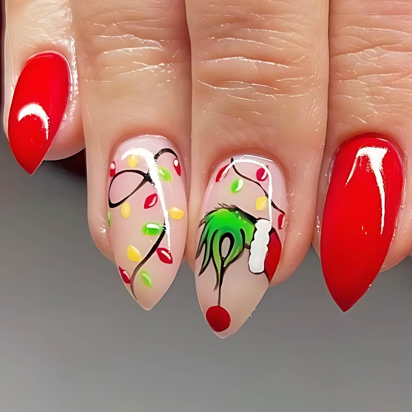 Christmas Press On Nails Medium Almond Green Fake Nails with Glue Winter Snowflake Cartoon Design,Christmas Nails Short False for Women Kids Holiday Xmas Gifts
