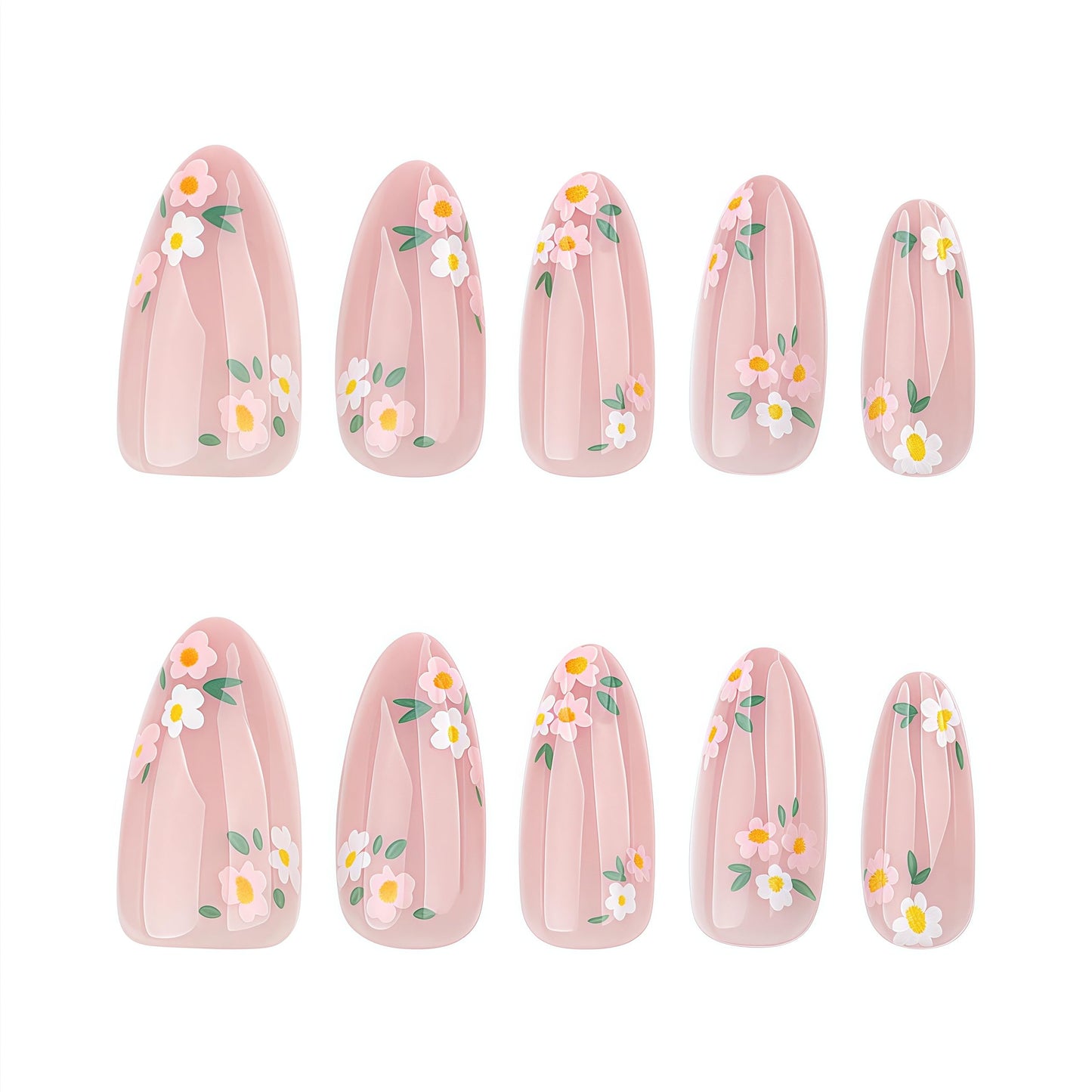 24Pcs Flower Press on Nails Medium Almond with Daisy Flower French Tip Nude Pink Design Full Cover Floral Acrylic Artificial Fake Nails for Women Girls Spring Summer Manicure Decoration